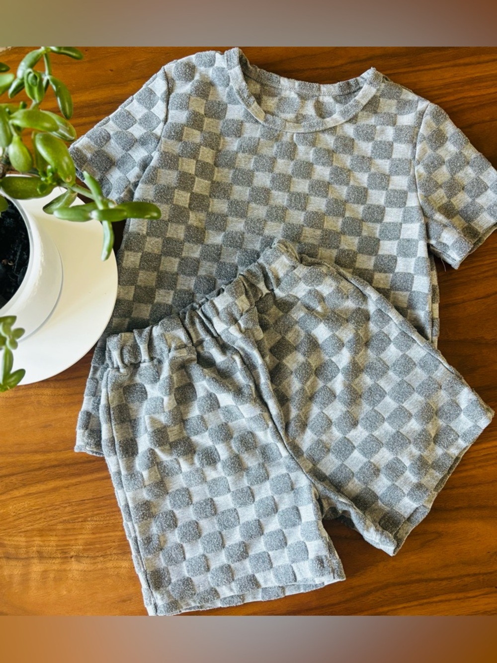 Youth Gray Checkered Terri Cloth Shorts Set